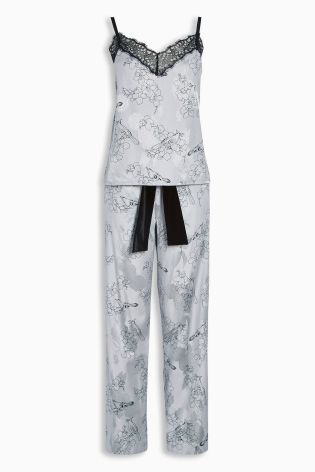Grey Jacquard And Bird Printed Pyjamas